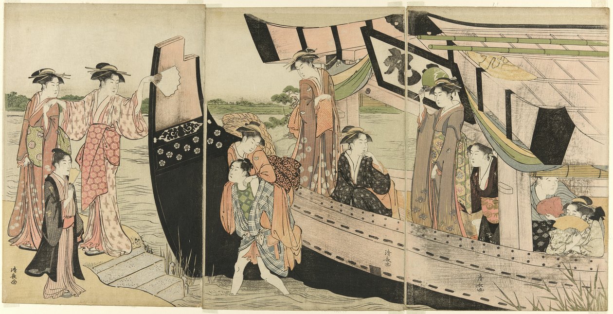 Sumida Nehri Üzerinde Bir Gezi Teknesinden Karaya Gelen Kadınlar by Torii Kiyonaga