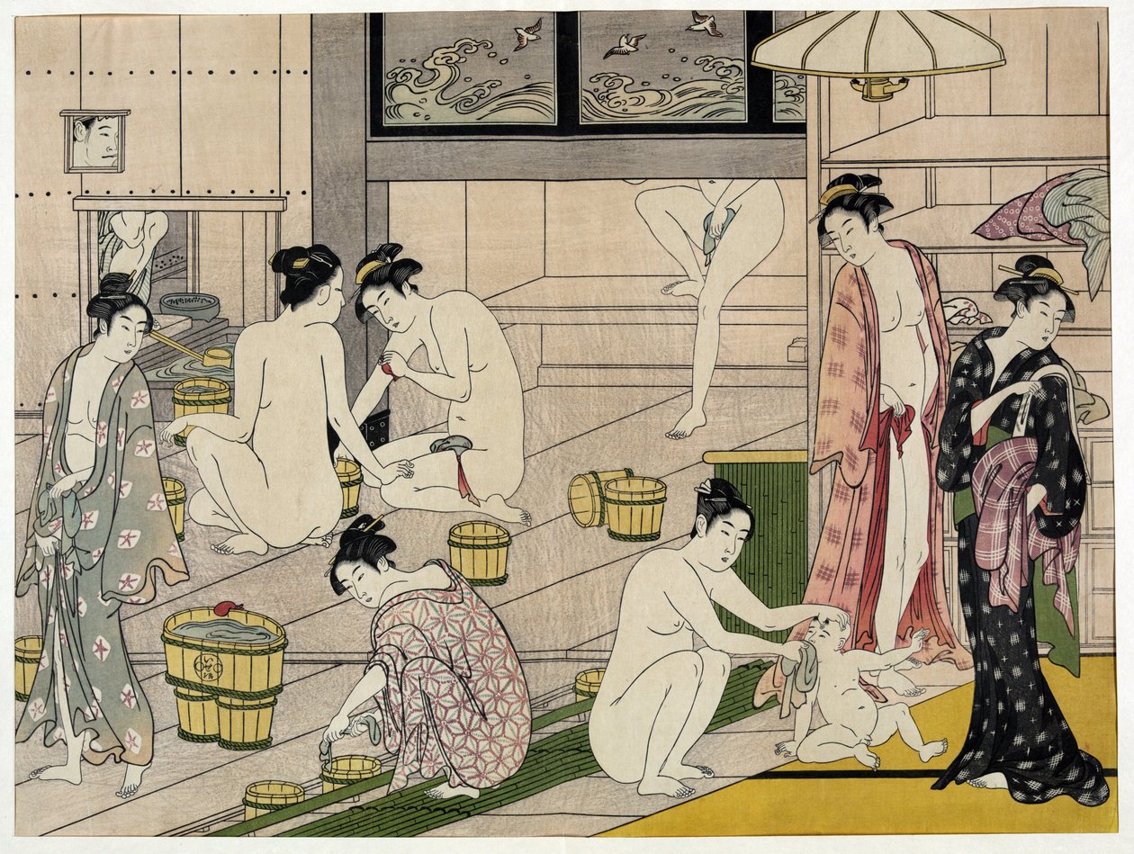 Kadınlar hamamda. Japon baskısı Torii Kiyonaga (1752-1815), yaklaşık 1785. Torii Okulu (ukiyo-e veya ukiyo e). by Torii Kiyonaga