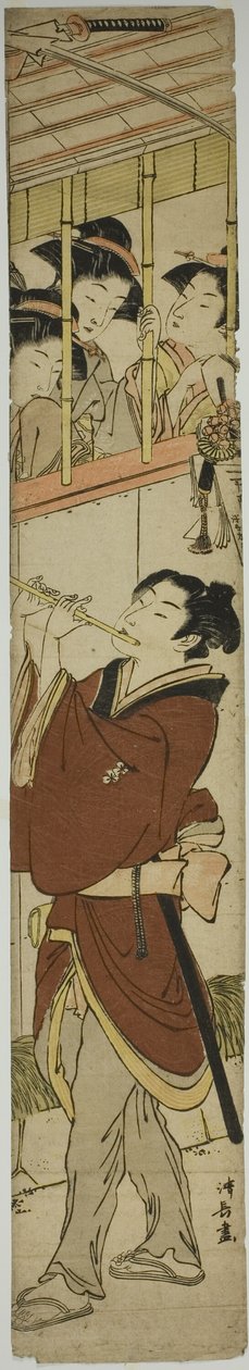 Üç Kız Izle Flüt Çalan Genç Adam by Torii Kiyonaga