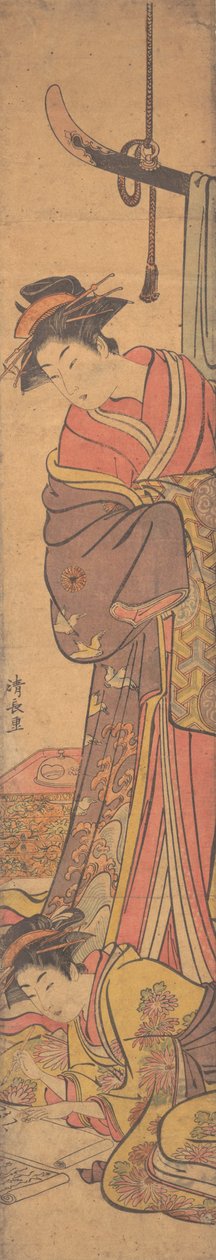 Bir Mektup Yazan Bir Başkasının Omzunun Üzerinden Bakan Genç Kadın. by Torii Kiyonaga