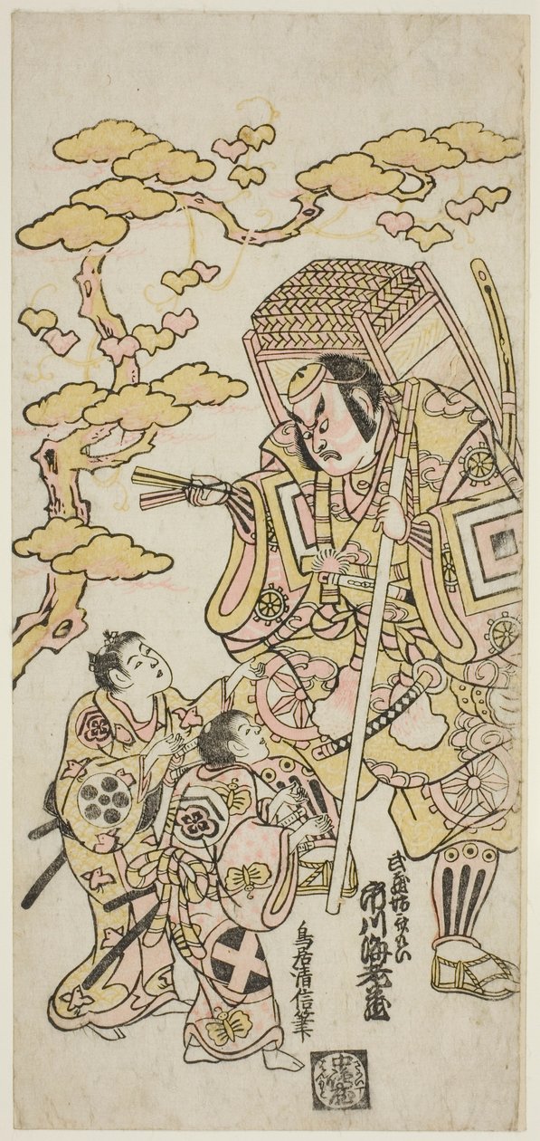 Aktörler Ichikawa Ebizo II, Musashibo Benkei, Sakata Shintaro (?) As Soga no Goro ve Takigawa Kinya (?) "Sazareishi Suehiro Genji" oyununda Soga no Juro olarak, 1744'ün ilk ayında Nakamura Tiyatrosu'nda sahne aldı. by Torii Kiyonobu II