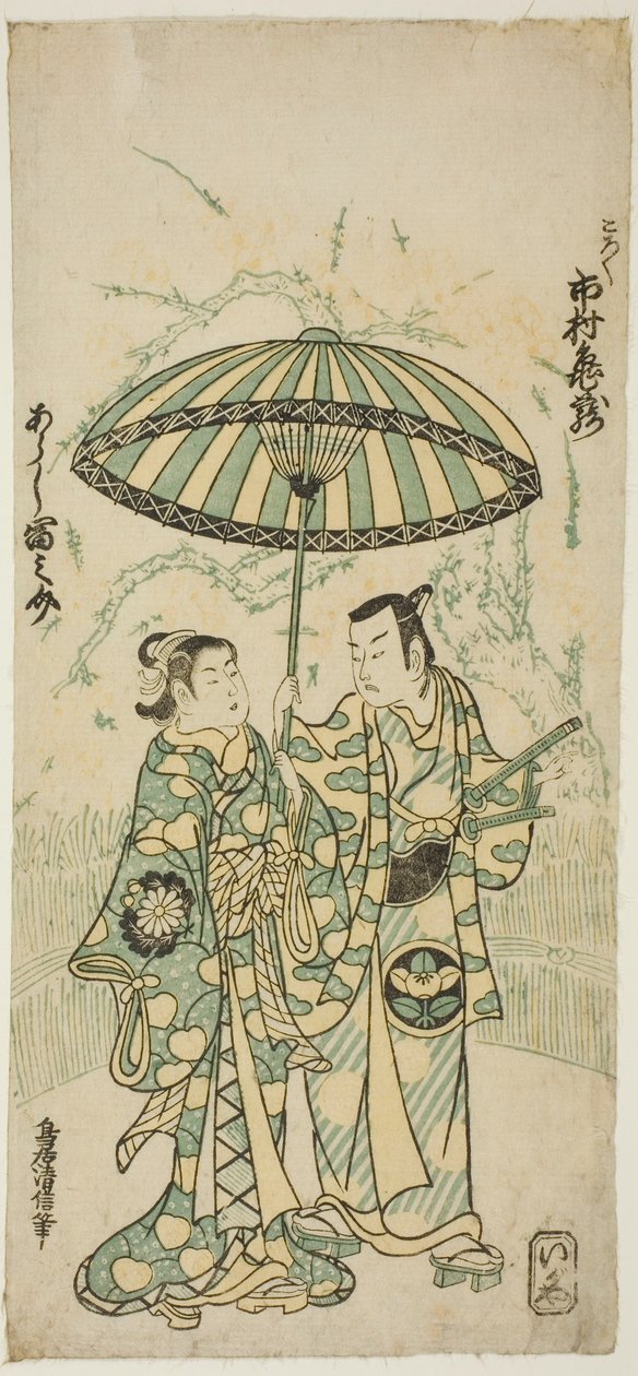 Aktörler Ichimura Kamezo I, Kanto Koroku olarak ve Arashi Tominosuke I Hayasaki olarak, "Hokazo Yunzei Hachinoki" oyununda Ichimura Tiyatrosu