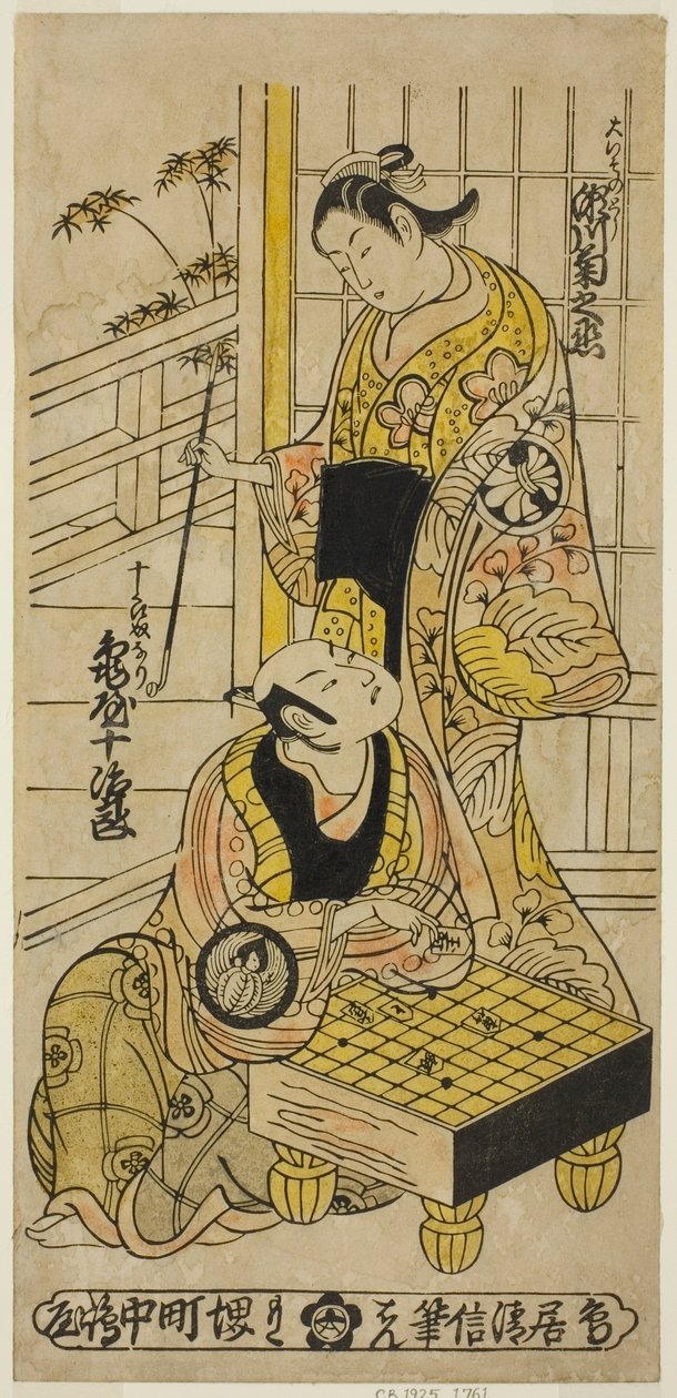 Aktörler Kameya Jujiro I, Soga no Juro olarak ve Segawa Kikunojo I, "Hatsu Hikage Maizuru Soga" adlı oyunda Oiso no Tora olarak, Nakamura Tiyatrosu