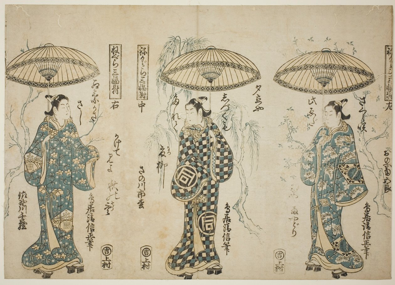 Aktörler Onoe Kikugoro I (sağda), Sanogawa Ichimatsu I (ortada) ve Sanogowa Senzo (solda), "Negura sanpukutsui" üçlüsünden by Torii Kiyonobu II
