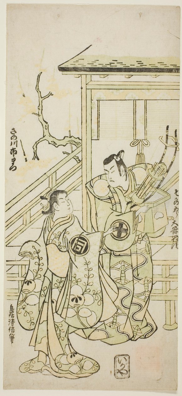 Aktörler Otani Oniji I, Soga no Goro olarak ve Sanogawa Ichimatsu I, "Fuji no Yuki Mitsugi Soga" oyununda Yoshinaka