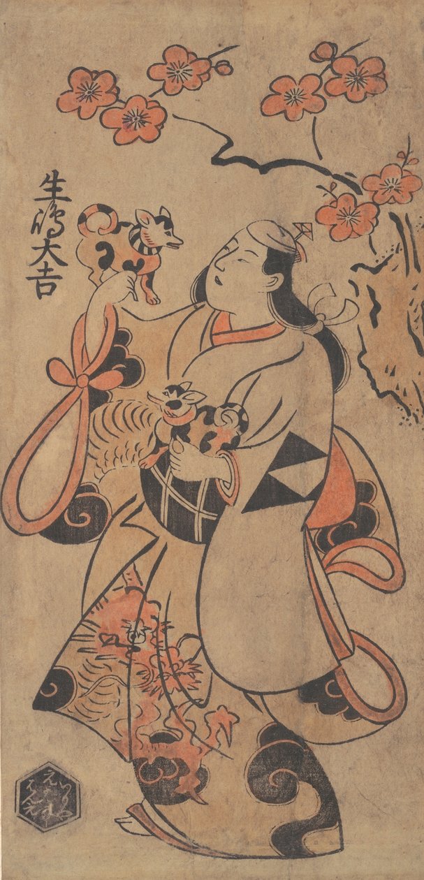 The Actor Ikushima Daikichi as a Woman Standing under an Ume Tree, ca. 1705. by Torii Kiyonobu I