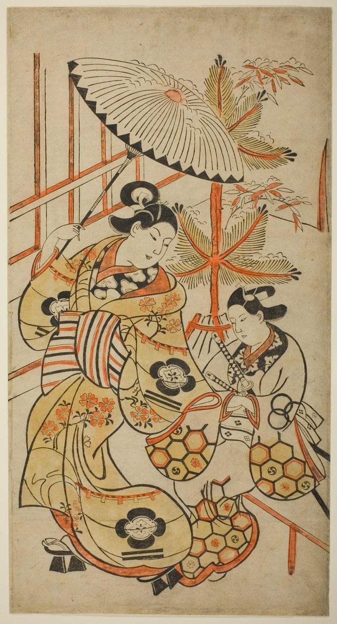 Aktörler Matsumoto Hyozo bir fahişe olarak ve Nakagawa Hanzaburo genç bir adam olarak by Torii Kiyonobu I