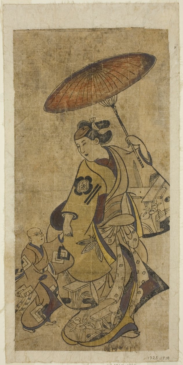Aktörler bir şemsiye tutan bir kadın olarak Matsumoto Hyozo ve genç bir çocuk olarak Nakamura Shichisaburo I by Torii Kiyonobu I
