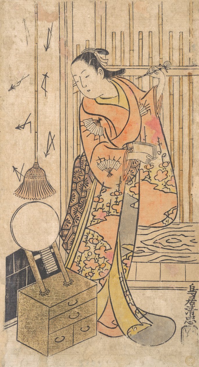 Bir Aynalı Standın Yanında Duran Kadın Olarak Aktör, ca. 1735. by Torii Kiyotada