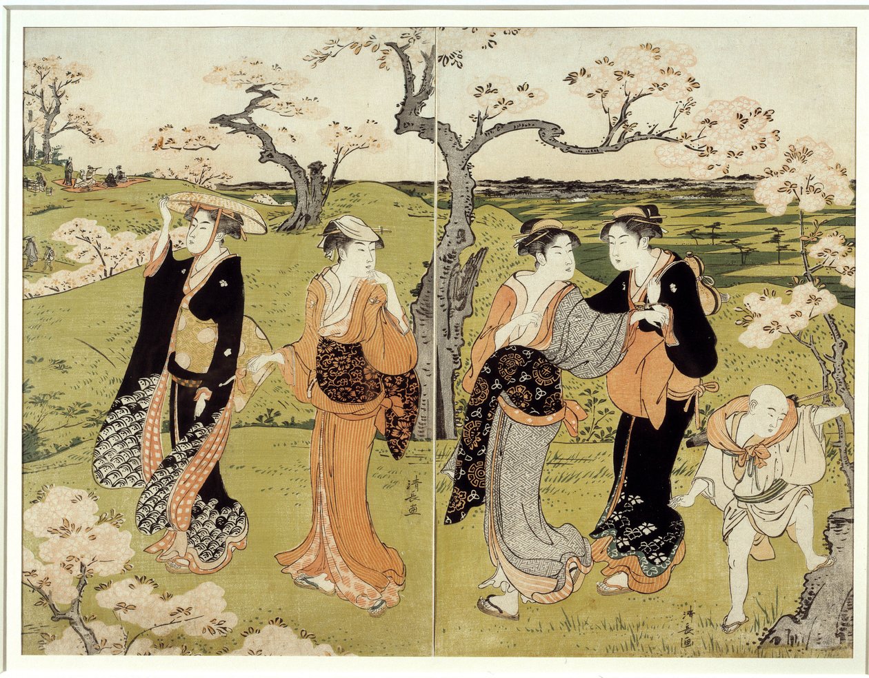Assaakayama'da kiraz çiçeklerinin altında piknik. Torii Kiyonaga'nın Japon baskısı (1752-1815), Ukiyo-E stili by Torii Kuyonaga