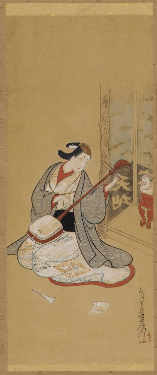 Bir samisen ipi çeken kadın elbiseli bir aktör, Edo dönemi, 18. yüzyılın ortaları. by Toriyama Sekien