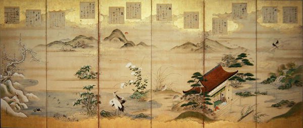 On iki ayın kuşlarını ve çiçeklerini gösteren altı panelli ekran (mürekkep, renk ve kağıt üzerinde altın varak) by Tosa Mitsunari