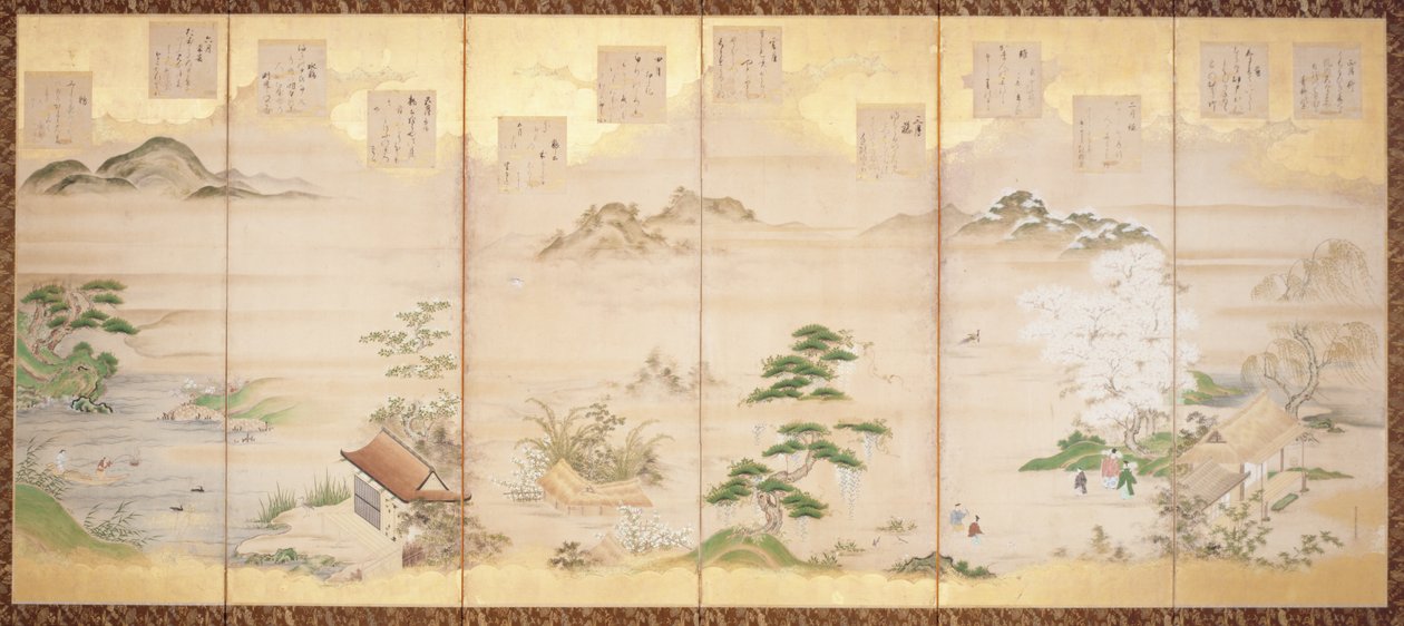 On iki ayın kuşlarını ve çiçeklerini gösteren altı panelli ekran (mürekkep, renk ve kağıt üzerinde altın varak) by Tosa Mitsunari