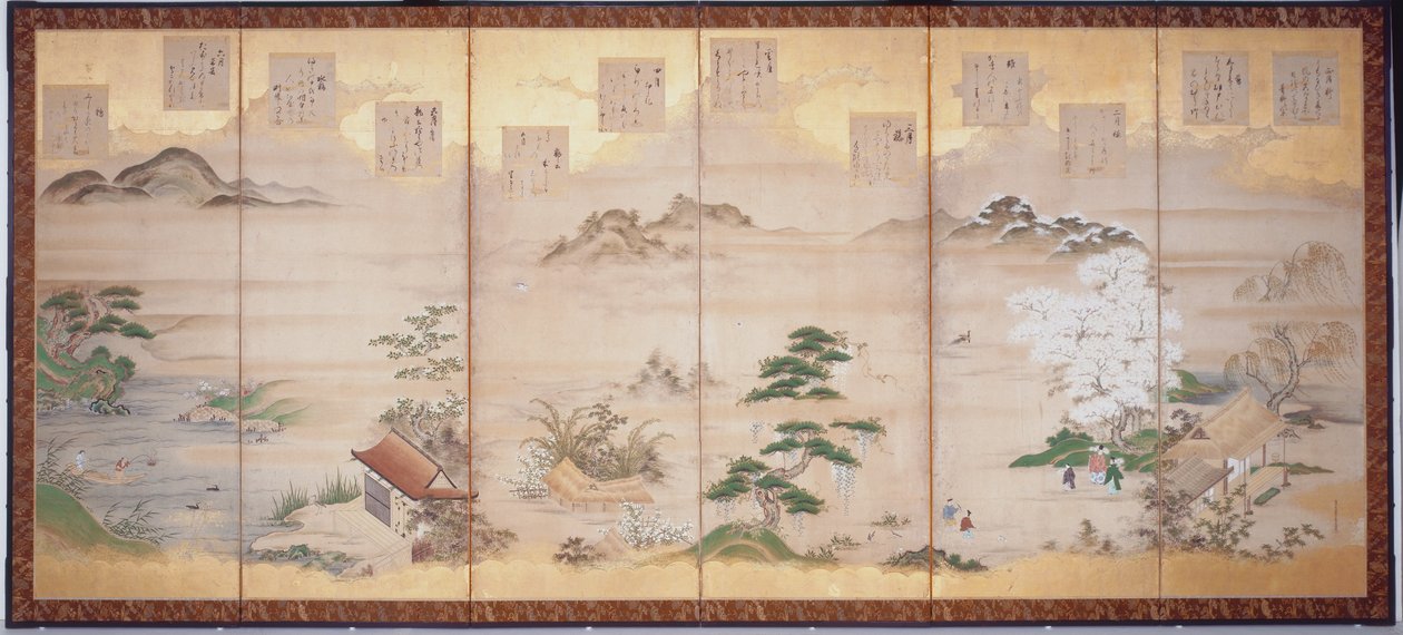 Teika'nın On İki Aylık Şiirleri (kağıt üzerine mürekkep, renkli ve altın varak, altı katlı ekran) by Tosa Mitsunari
