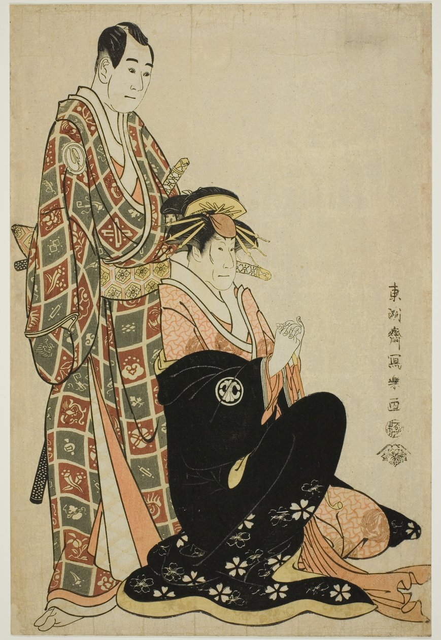 Fahişe Katsuragi rolünde Segawa Kikunojo III (R) ve Nagoya Sanza Motoharu rolünde Sawamura Sojuro III (L) by Toshusai Sharaku