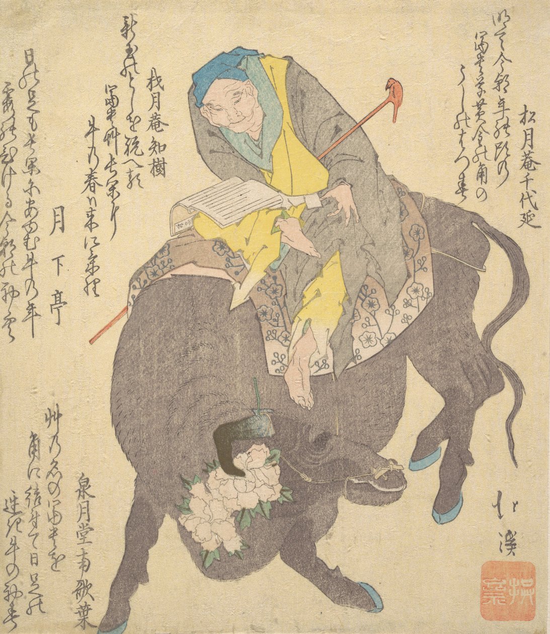 Çinli Adaçayı Bir Bufalo Sürerken Okuma, yaklaşık. 1820. by Totoya Hokkei