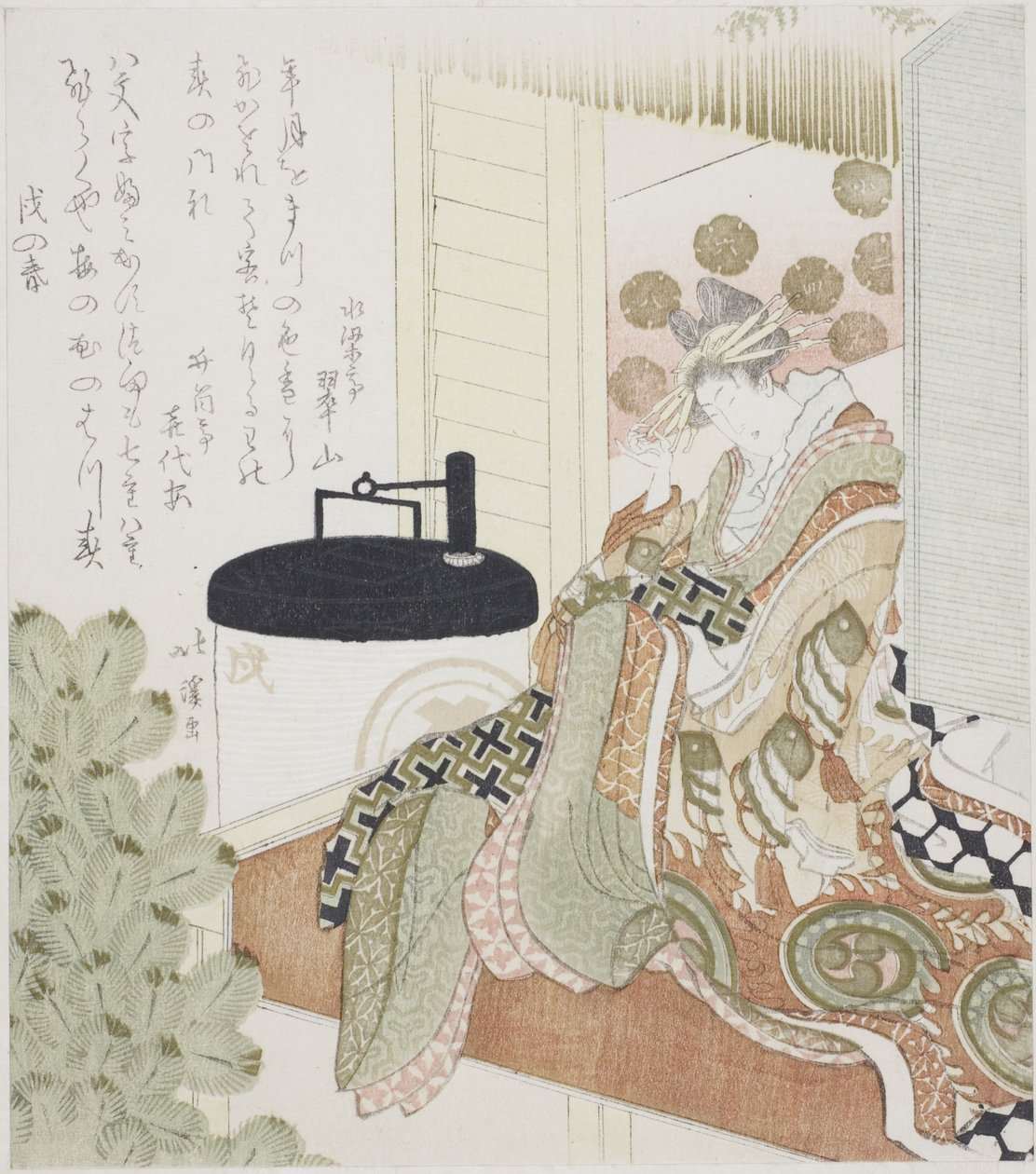 Bir fenerin yanında bir verandada oturan fahişe by Totoya Hokkei