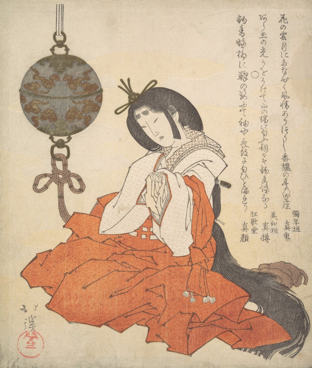 Kanjo Court Lady Oturmuş ve Başının Yanında Sarkan bir Tsurikoro, yaklaşık. 1825. by Totoya Hokkei