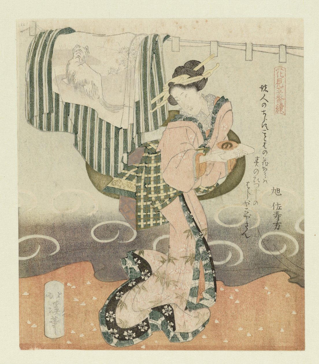 Sake Kupası olan kadın Beş Parçalı Çiçeklere hayran olmak hakkında (dizi başlığı) Hanami gobantsuzuki (nesne üzerinde seri başlığı) by Totoya Hokkei
