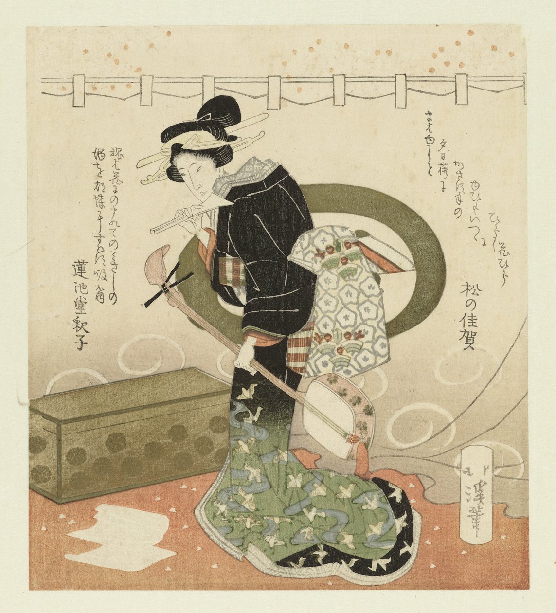 Shamisen olan kadın Beş Parçalı Çiçeklere hayran olmak hakkında (dizi başlığı) Hanami gobantsuzuki (nesne üzerinde seri başlığı) by Totoya Hokkei