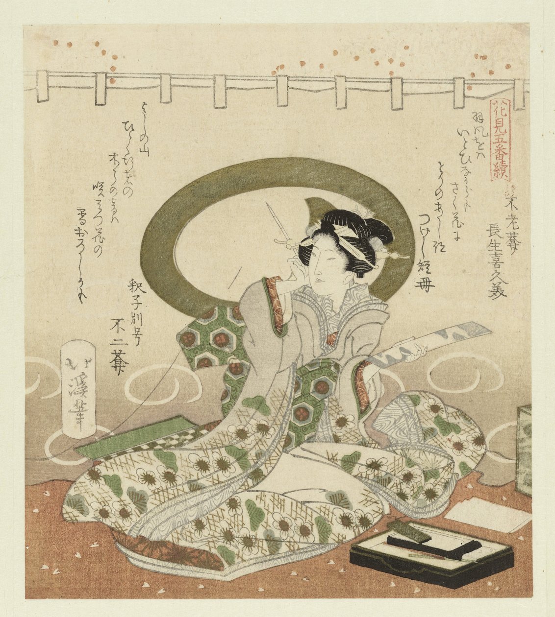 Kadın şiir yazar Beş Parçalı Çiçeklere hayran olmak hakkında (dizi başlığı) Hanami gobantsuzuki (nesne üzerinde seri başlığı) by Totoya Hokkei