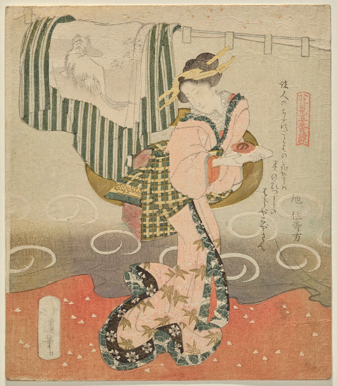 Bir perdenin önünde saki bardağı tutan kadın ve Çiçek Görüntülemek için Beş Yapraktan dökümlü kimono by Totoya Hokkei