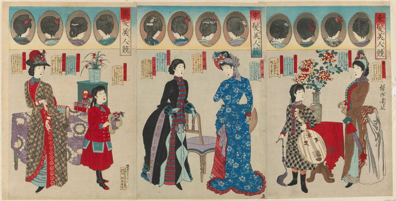Batı Kuaförlerindeki Güzel Kadınların Karşılaştırılması, Meiji dönemi, 1887 (renkli tahta baskı) by Toyohara Chikanobu