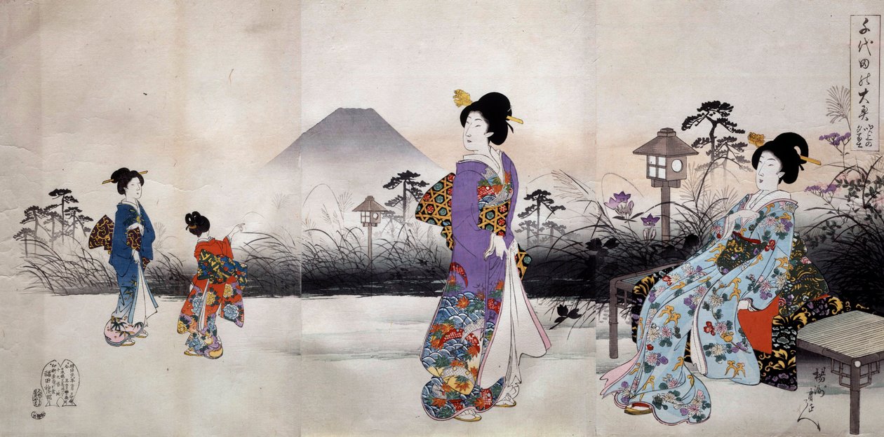 Fuji Dağı'nın önünde yürüyen Japon kadınları Toyohara Chikanobu (1838-1912) 1896 Özel koleksiyon Japon baskısı by Toyohara Chikanobu