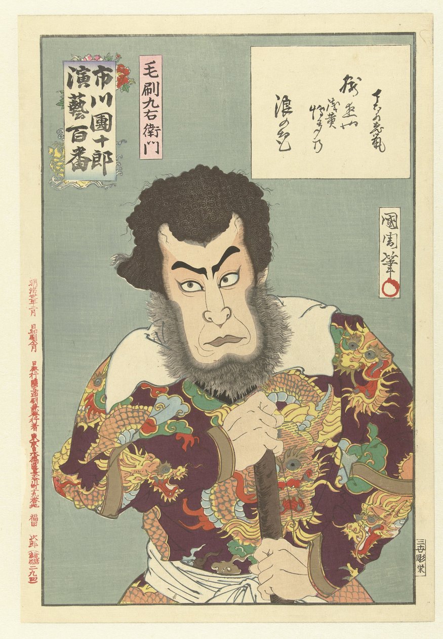 Ichikawa Danjuro IX als Kezori Kyuemon Kezori Kyuemon (nesne üzerindeki başlık) Honderd rollen van Ichikawa Danjuro IX (seri başlığı) Ichikawa Danjuro engei hyakuban (nesne üzerine seri başlığı) by Toyohara Kunichika