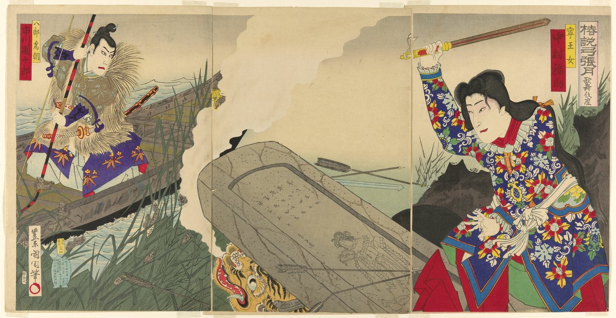 Aktörler Nakamura Fukusuke IV, Neiojo olarak ve Ichikawa Danjuro IX, Hachiro Tametomo olarak by Toyohara Kunichika