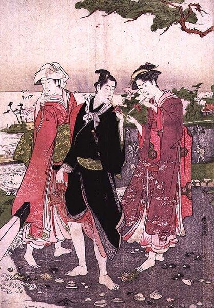 Plajda iki kız ve bir genç, bar. c.1780 by Utagawa Toyokuni