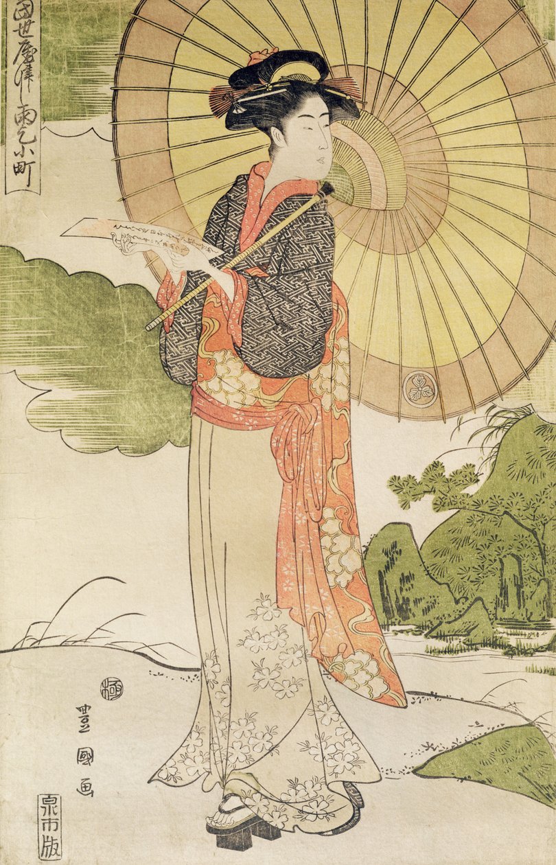 Bir şemsiye ile ayakta duran kadın (renkli tahta baskı) by Toyokuni II