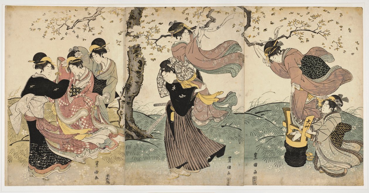 Japon sanatı: Rüzgardaki Çiçekler (bir ağacın dallarına flamalar asan kadınlar ve bir adamla sahne) - Utagawa Toyokuni (1769-1825) tarafından basılmış linocut (37.8x75.9), yaklaşık 1797-1800 - Honolulu Sanat Akademisi by Toyokuni Utagawa