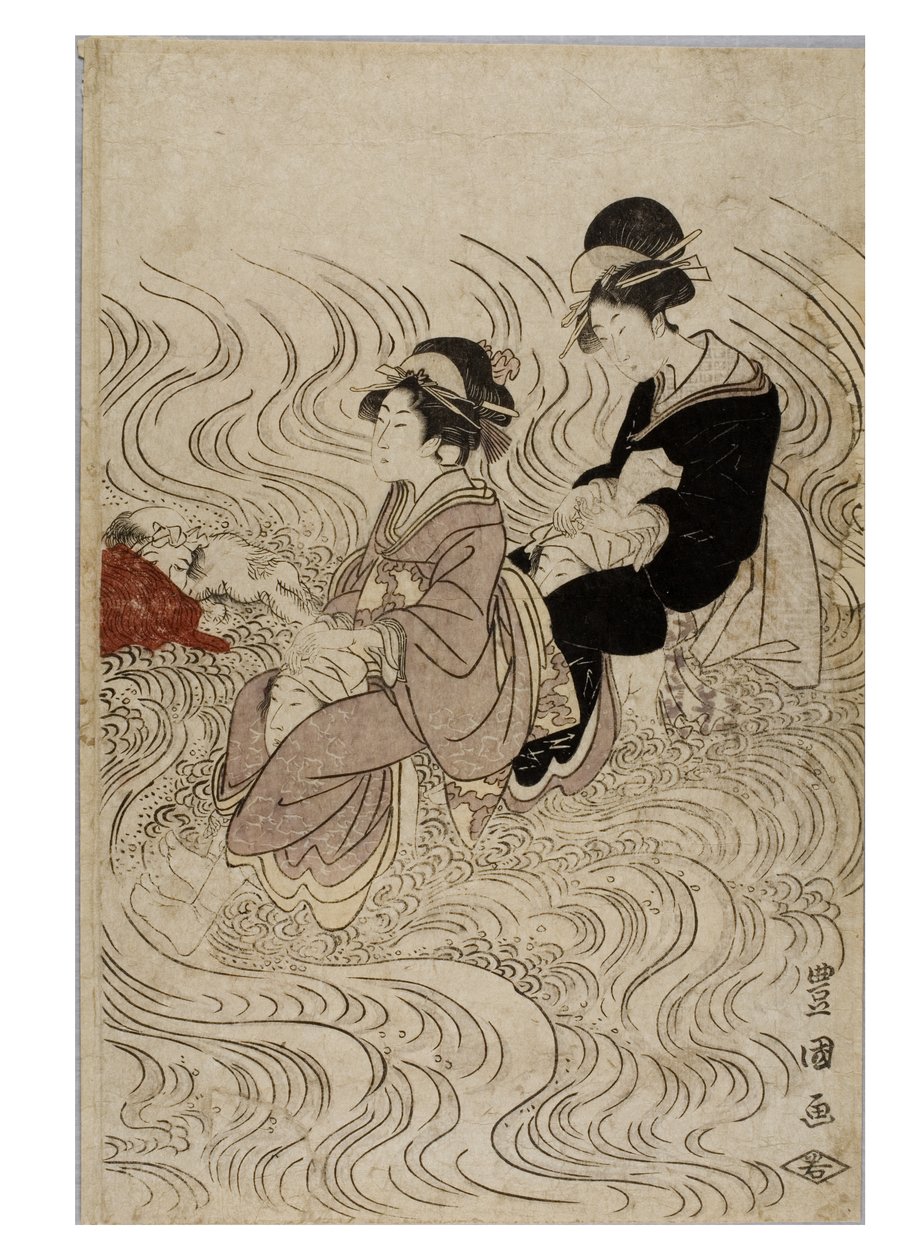 Dalgalarla sarsılmış bir nehri geçen cariyeler partisi by Toyokuni Utagawa