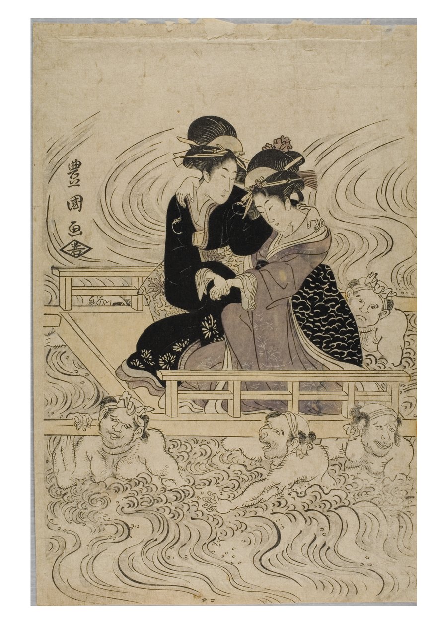 Dalgalarla sarsılmış bir nehri geçen cariyeler partisi by Toyokuni Utagawa
