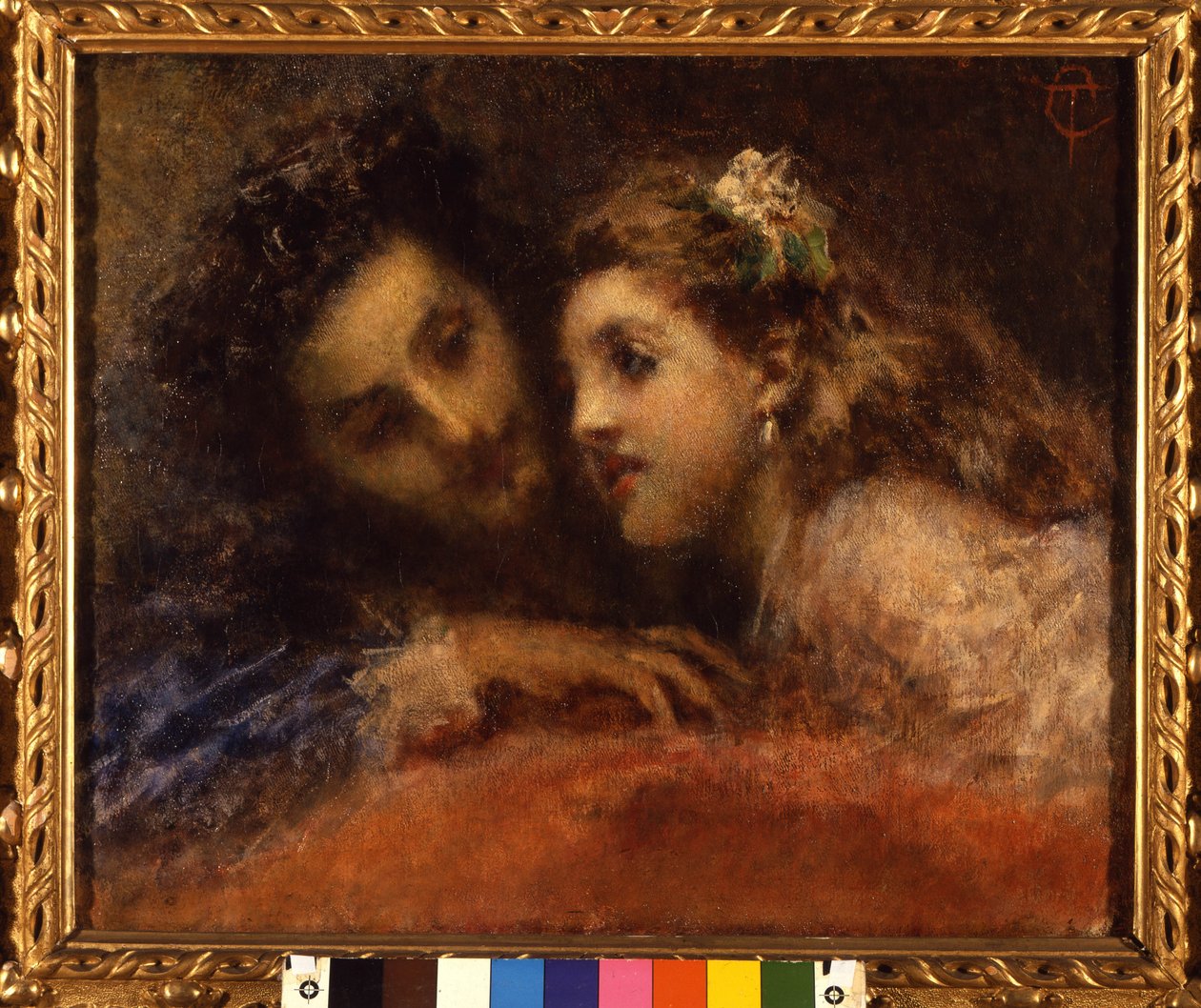 Attrazione (Cazibe), bir adam bir suç ortağı ve güven verici bir şekilde bir çocuğa doğru eğilir. Muhtemelen bir baba ve kızıdır (ağızdan ağıza). Boyama Tranquillo Cremona (1837-1878) Galleria d