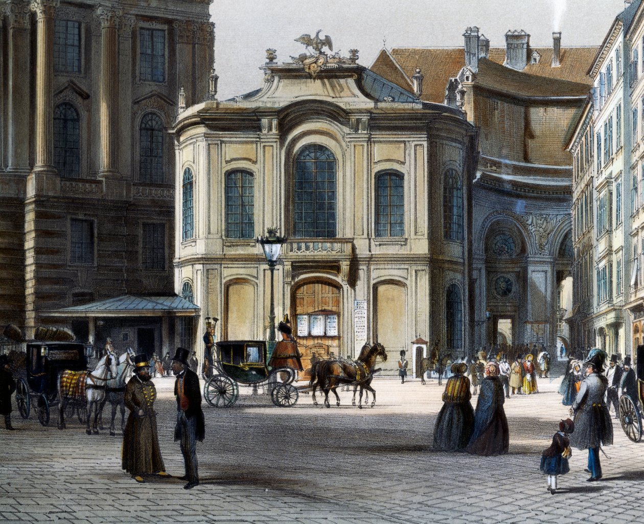 Sağda Winterreitschule (kış binicilik okulu) ile Viyana Michaelerplatz'daki Burgtheater, Tranquillo Mollo (1767-1837), renkli gravür, Avusturya by Tranquillo Mollo