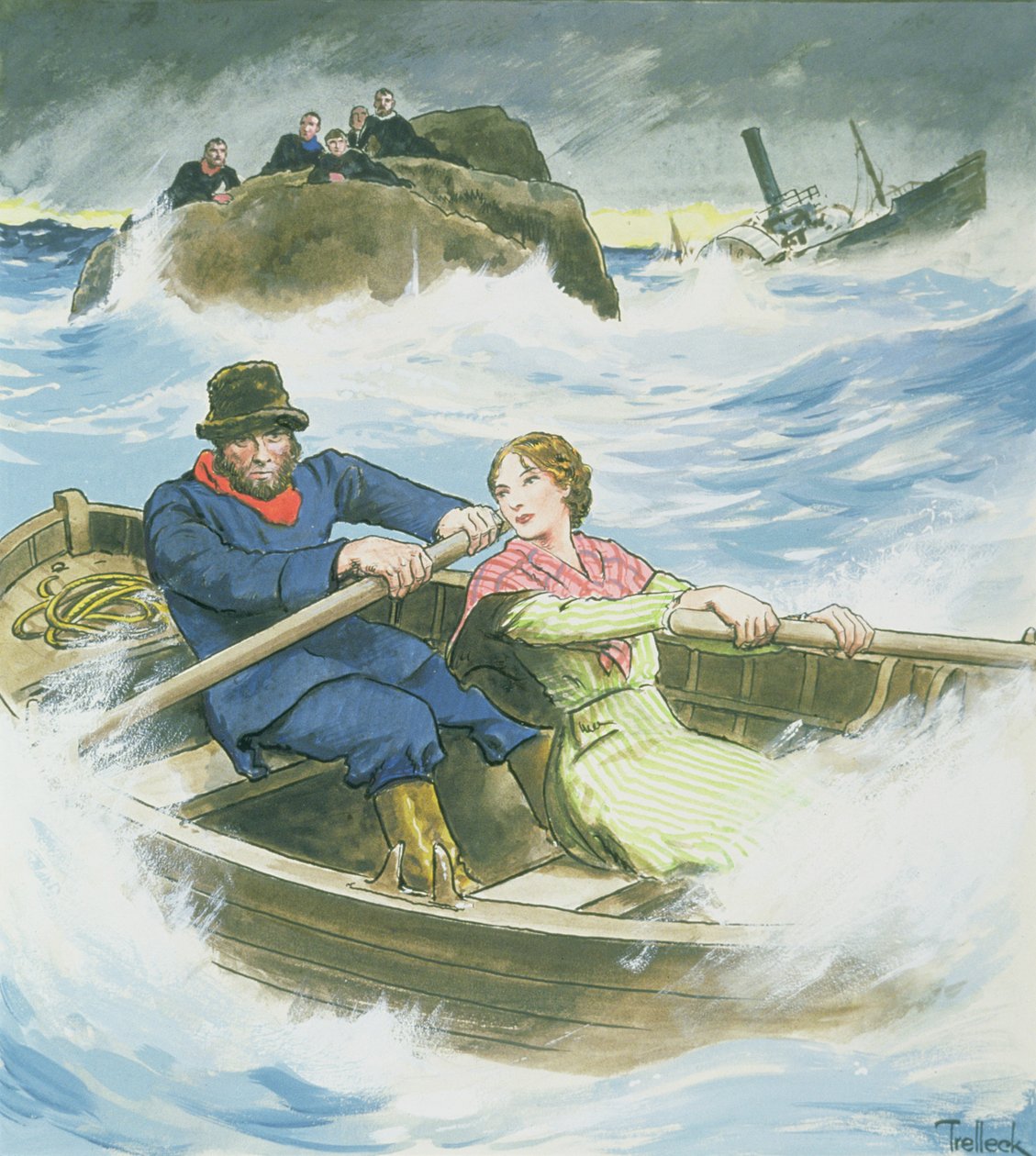Grace Darling (1815-41) ve babası, enkaz halindeki "Forfarshire" buharlı gemisinden kurtulanları kurtarırken, 7 Eylül 1838, "Peeps into the Past", 1900 c. by Trelleek