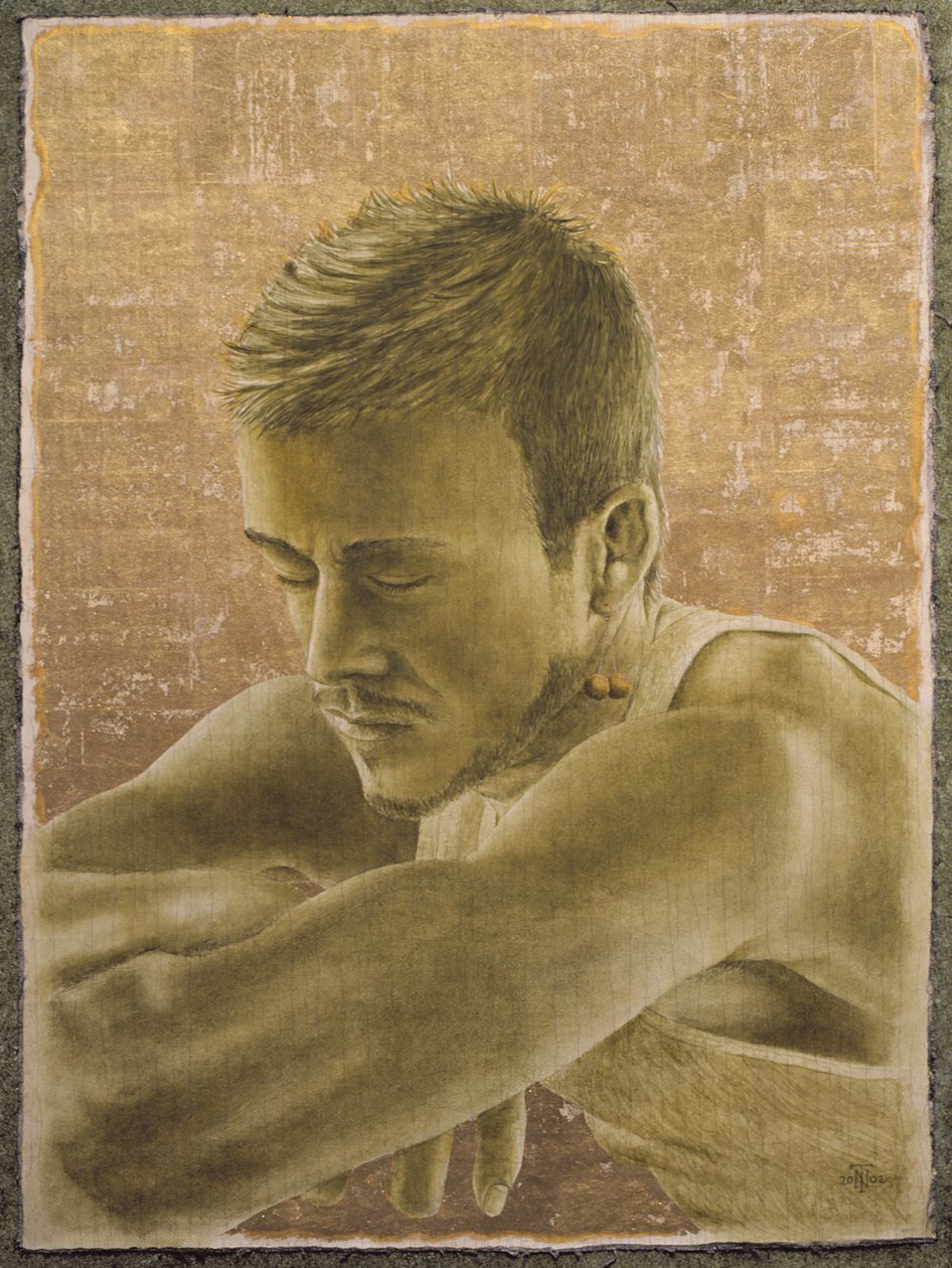 Beckham (d.1975) (gemiye serilmiş tuval üzerine çatlak gesso üzerine yağ ve altın varak) by Trevor Neal