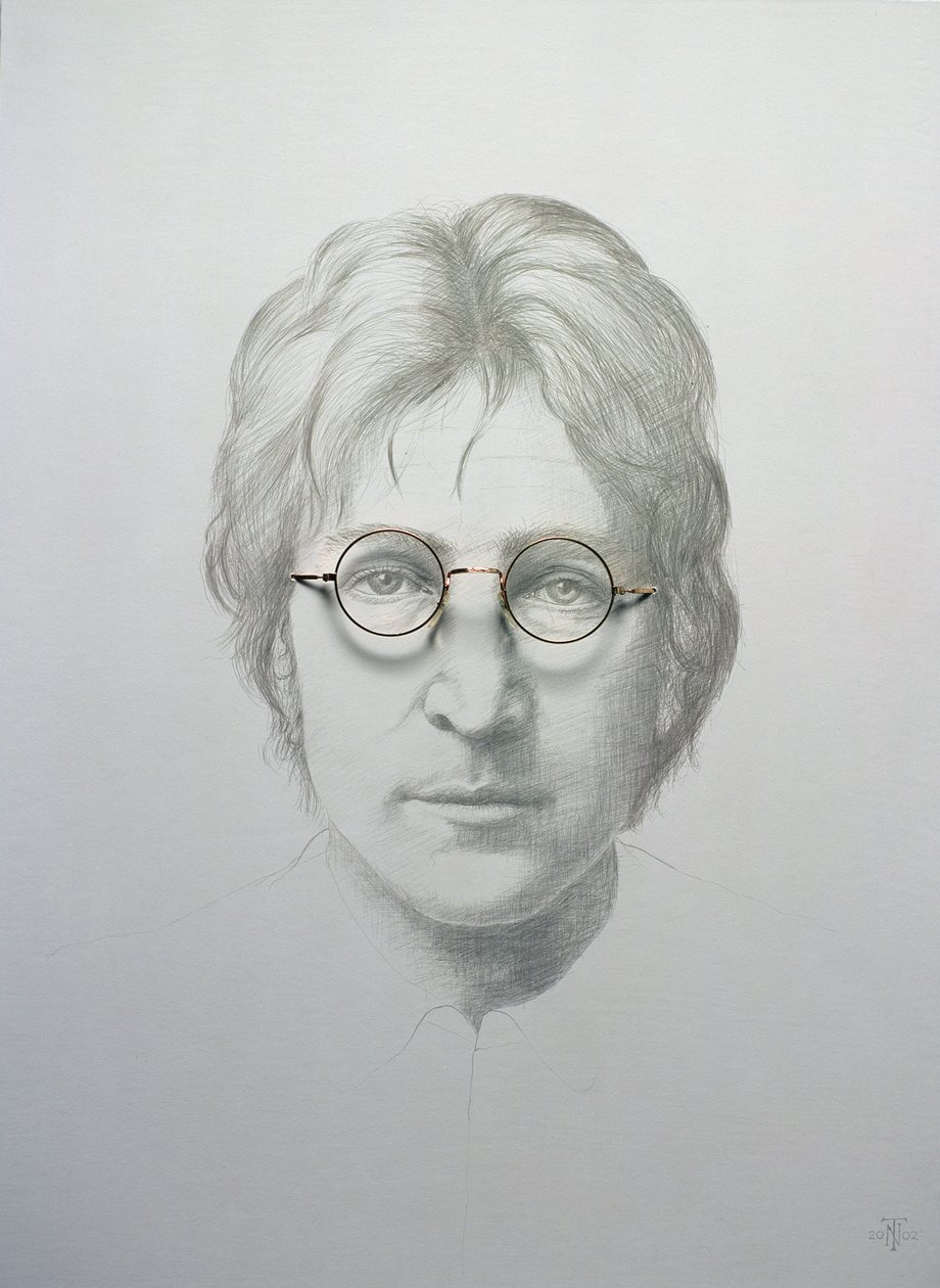 Lennon (1940-80) (gümüş nokta ve gemiye serilen sıcak preslenmiş kağıt üzerine Çin beyazı üzerine gözlük) by Trevor Neal