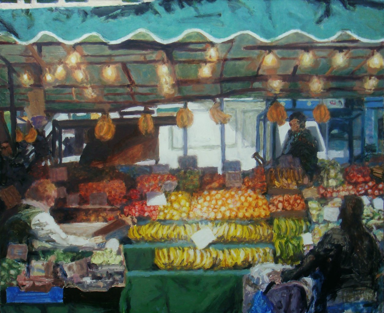 Büyük pazar tezgahı (Lewisham, Londra), 2011 (tahta üzerine yağlıboya) by Trevor Burgess