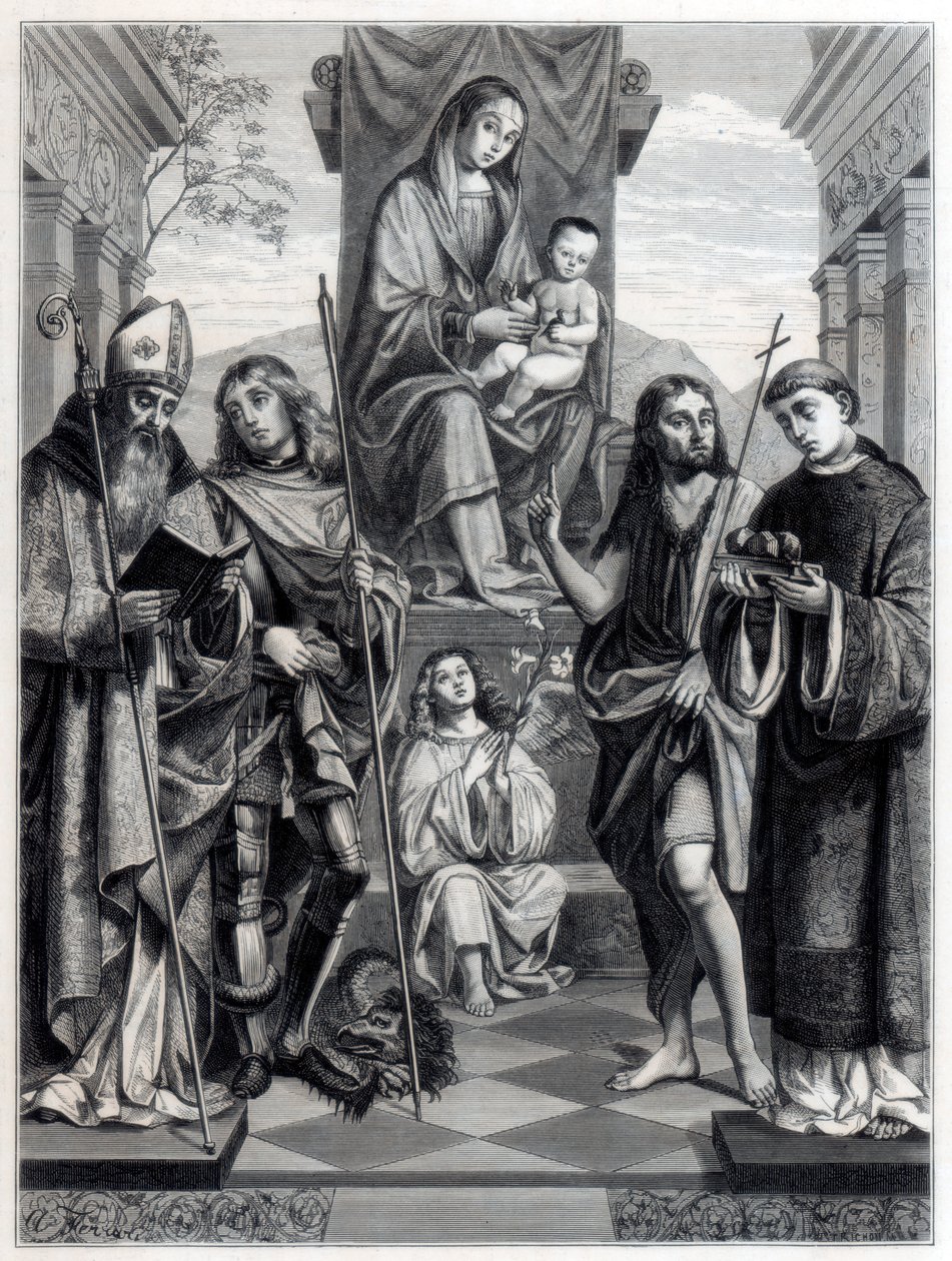 Madonna, Azizlerle Çevrili bir Tahtta Oturan, c1494-1517 1870 by Trichon