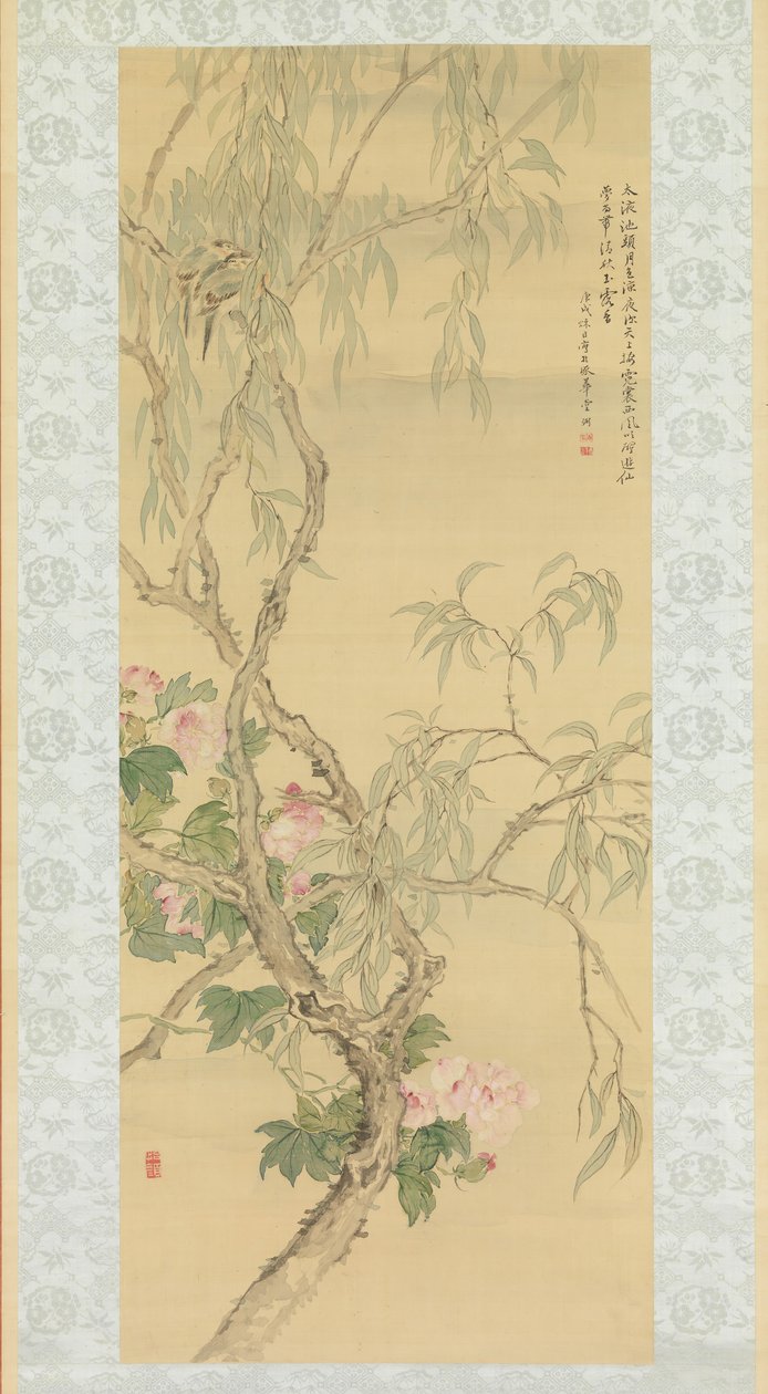 Söğüt Dalı Üzerindeki Küçük Kuşlar ve Ebegümeci Çiçekleri, Sonbahar 1850 tarihli. by Tsubaki Chinzan