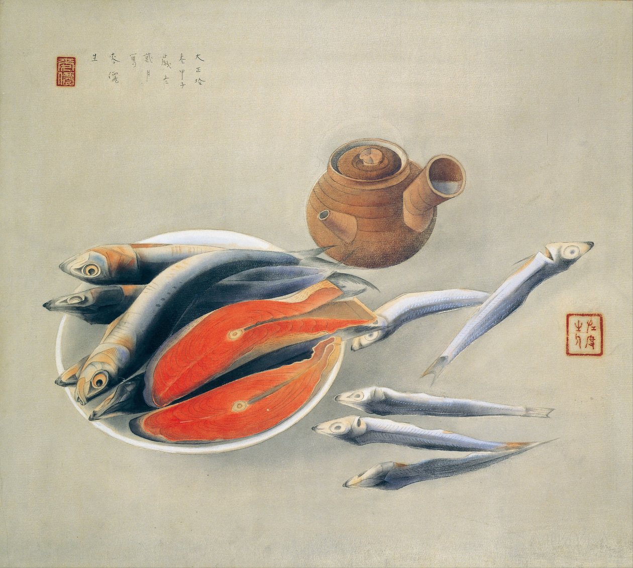 Natürmort. Somon Dilimleri ve Sardalya, 1924 by Tsuchida Bakusen