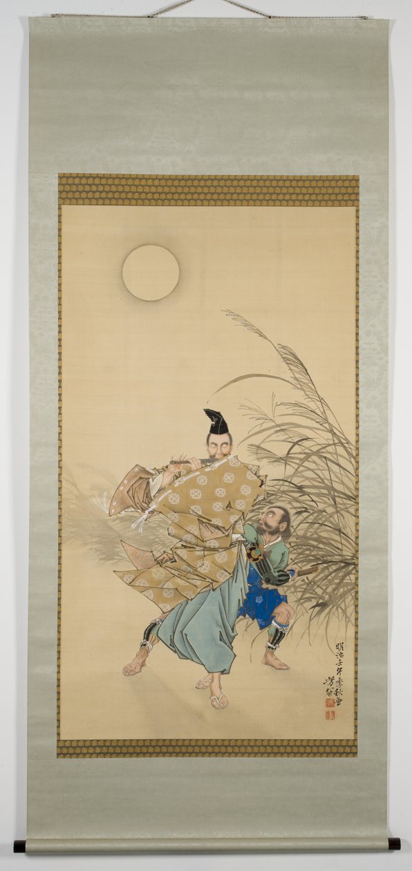 Fujiwara no Yasumasa Ay Işığında Flüt Çalıyor, sonbahar sonu, 1882 (ipek üzerine mürekkep, renk, cila, gümüş ve altın) by Tsukioka Yoshitoshi