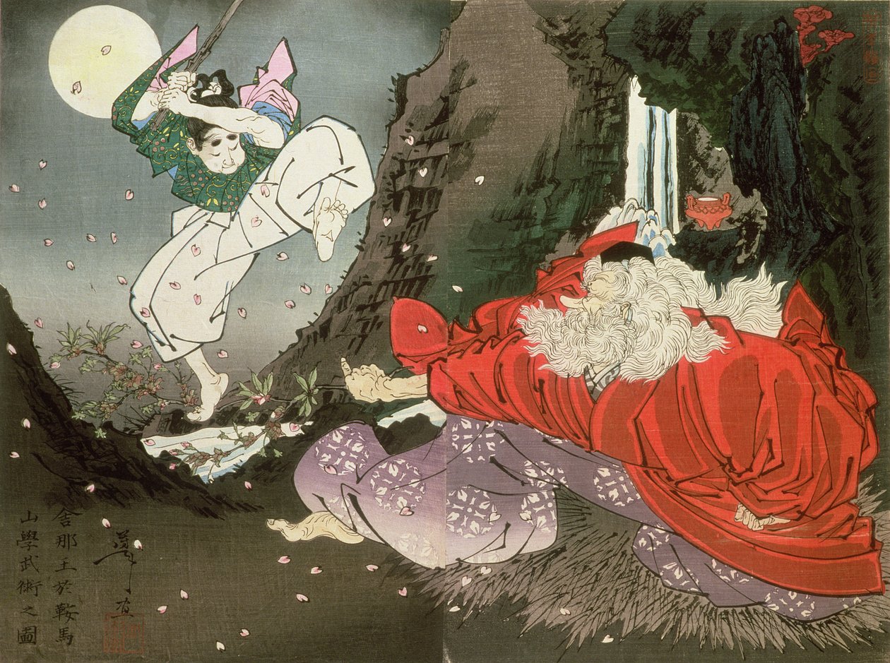 Yoshitsune ve Tengu Kralı, (renkli tahta baskı) by Tsukioka Yoshitoshi