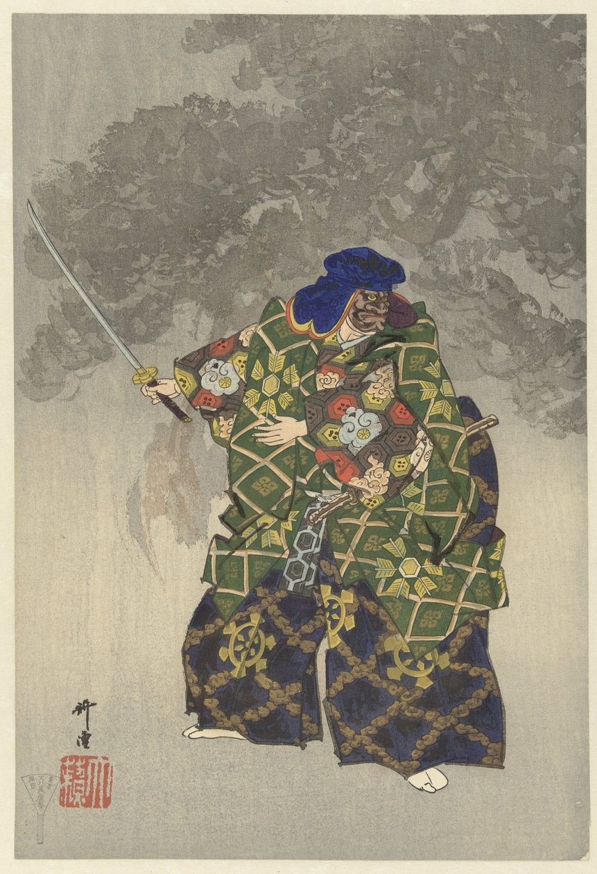 Noh tiyatrosundaki aktörler Eboshiori oynuyor Eboshiori (nesne üzerindeki başlık) Yüz Noh oyna (dizi başlığı) Nogaku hyakuban (nesne üzerinde seri başlığı) by Tsukioka Kogyo