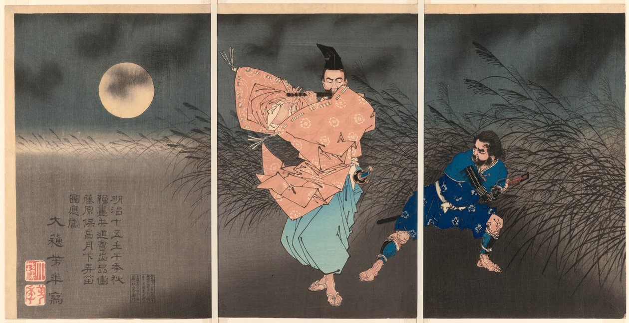Fujiwara no Yasumasa Ay Işığında Flütünü Çalıyor by Tsukioka Yoshitoshi