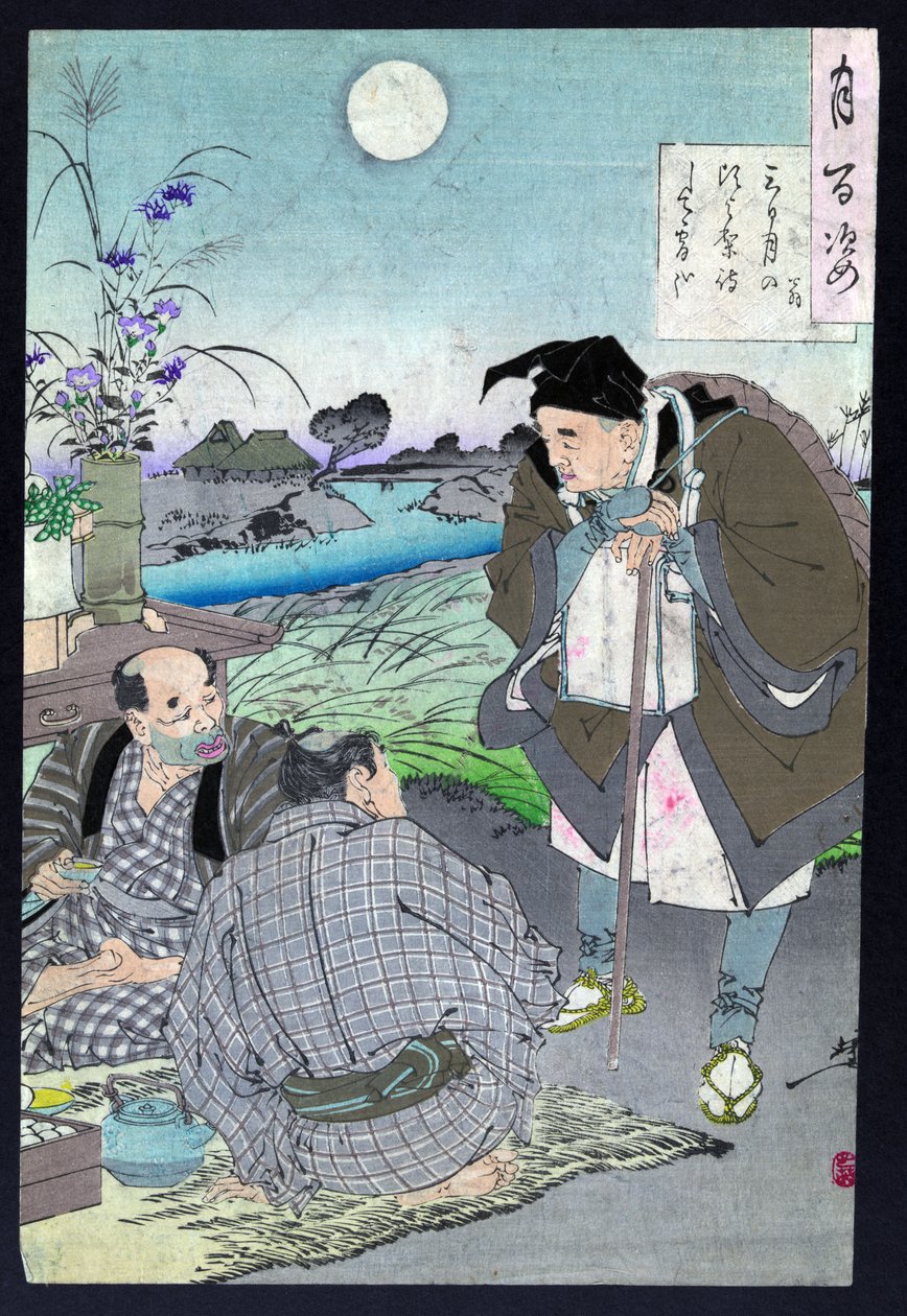Japon şair Basho Matsuo iki adamla konuşuyor by Tsukioka Yoshitoshi