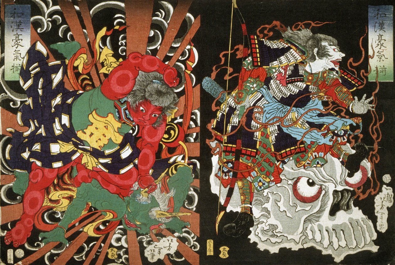 Kintoki Kafatasında Bir İblis ve Savaşçıyı Güçlendiriyor, 1868 (renkli tahta baskı) by Tsukioka Yoshitoshi